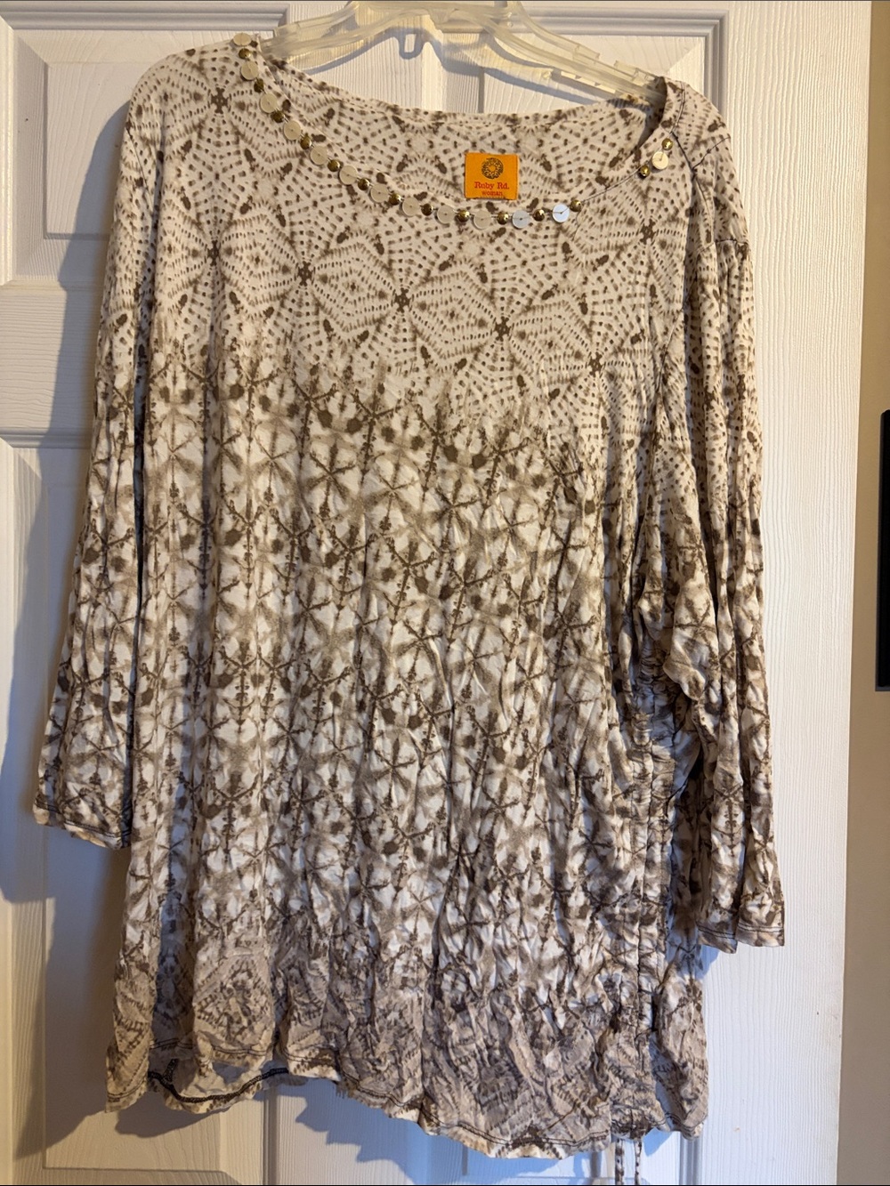 Ruby Rd. Beige and Brown Patterned Women's Jersey Top with Coin Detail